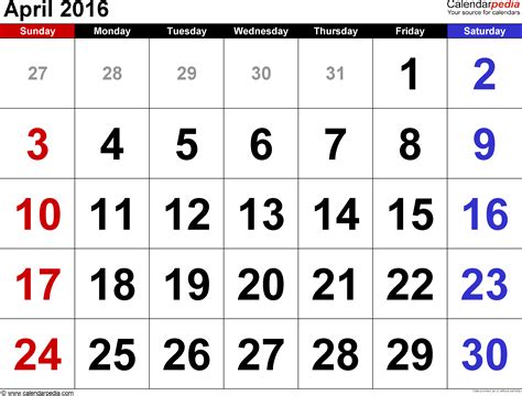 April 2 2016 Calendar